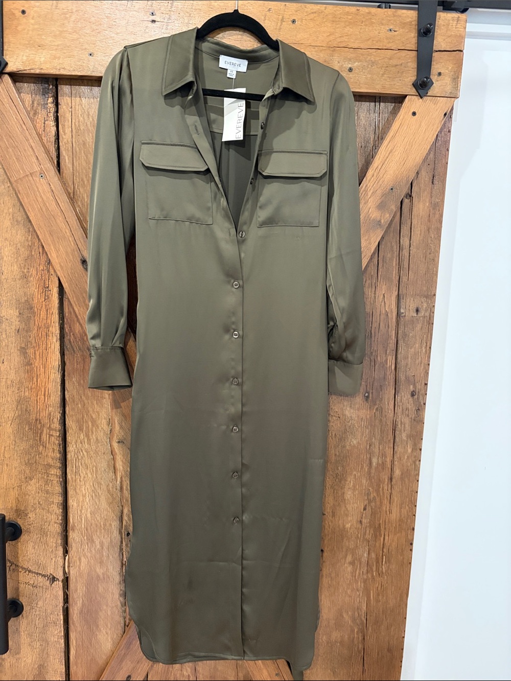 NWT Evereve Size XS Olive Green Satin Midi Shirt Dress